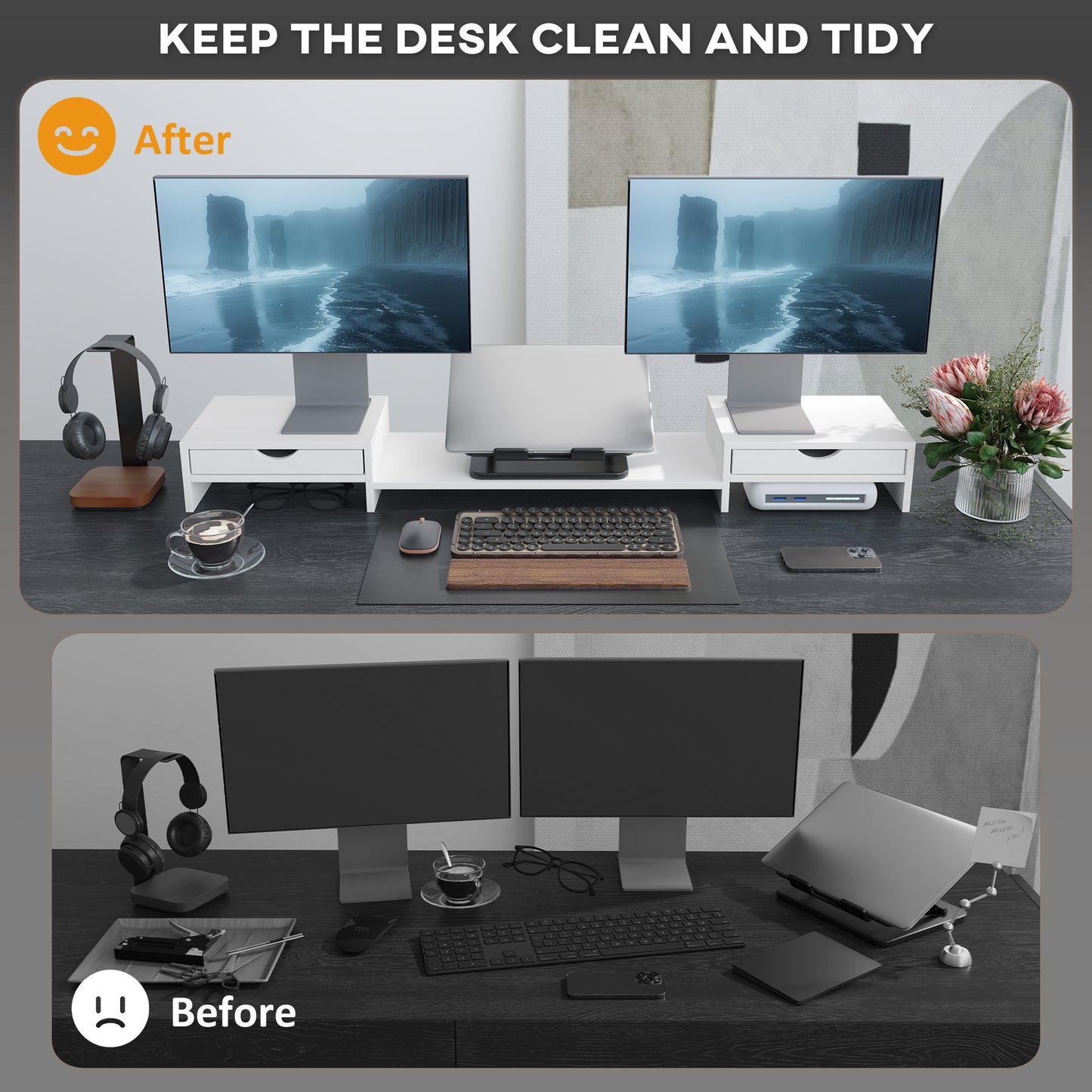 Dual Monitor Stand Riser with 2 Drawers, Adjustable Length and Angle, 116cm Monitor Riser for Laptop, Computer, PC