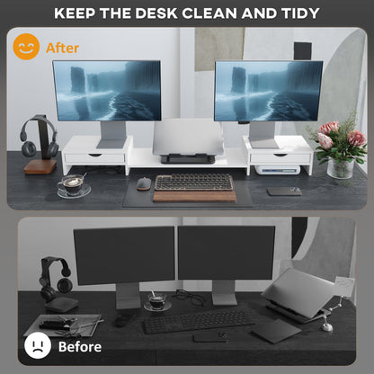 Dual Monitor Stand Riser with 2 Drawers, Adjustable Length and Angle, 116cm Monitor Riser for Laptop, Computer, PC