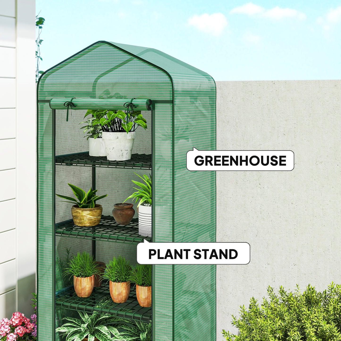 4 Tier Mini Portable Greenhouse Compact Plant Grow Shed Metal Frame PE Cover with Lockable Rolling Wheels , Green