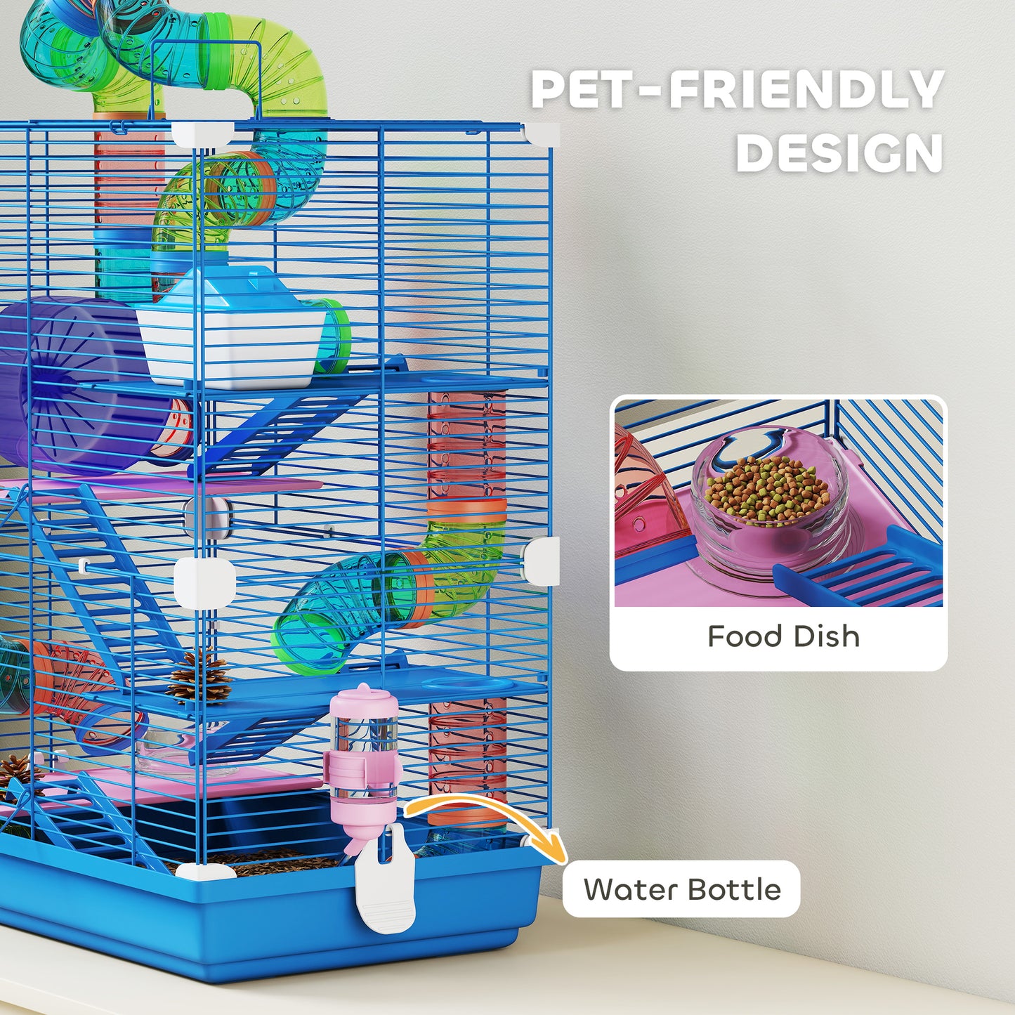 5 Tier Hamster Cage Carrier Habitat w/ Exercise Wheels, Tunnel, Blue
