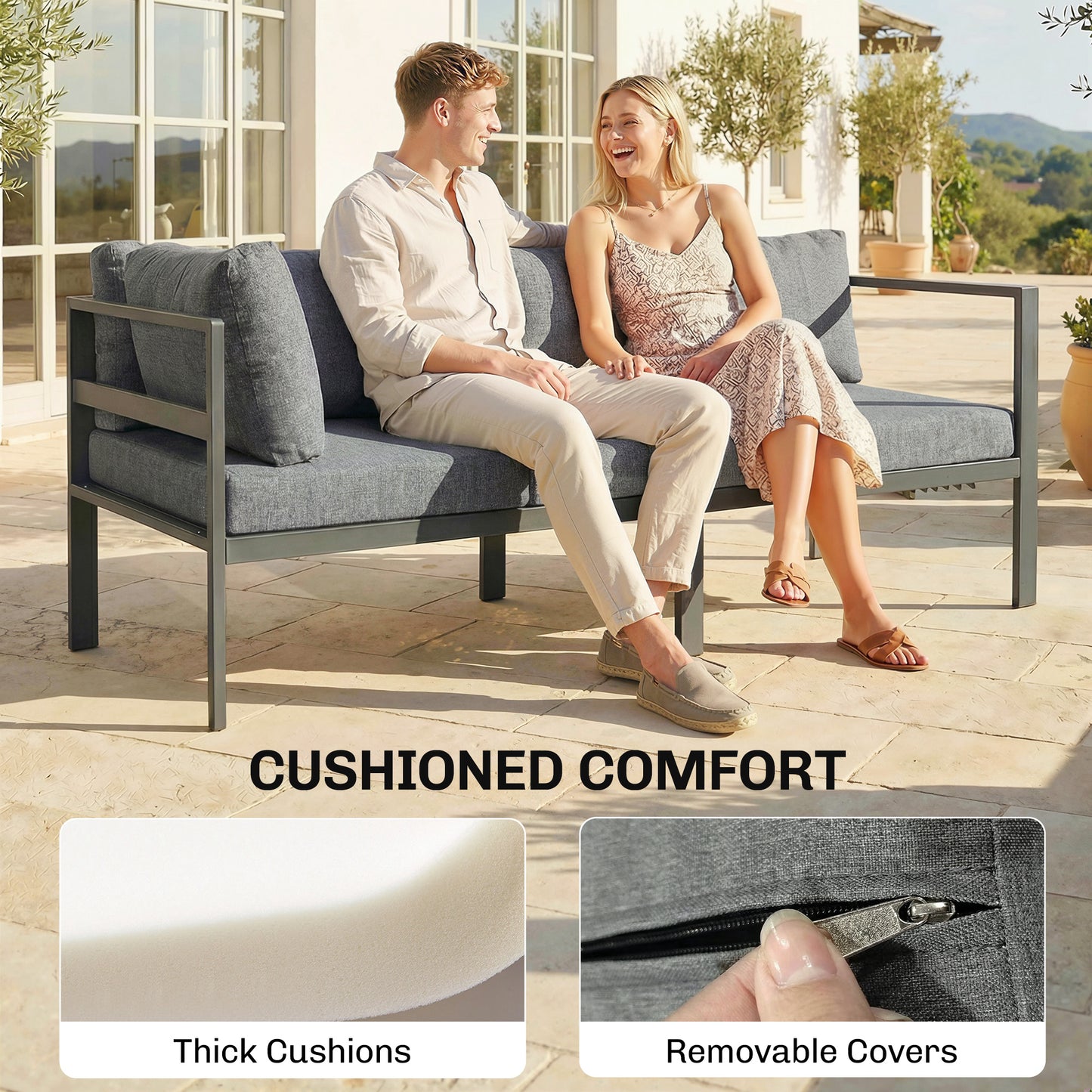 3 Pieces Garden Furniture Set, Aluminium Corner Lounge Set with Adjustable Backrest, Grey