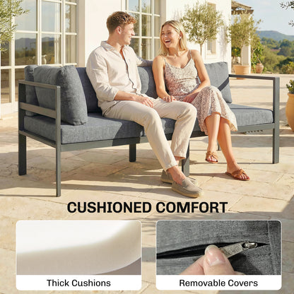 3 Pieces Garden Furniture Set, Aluminium Corner Lounge Set with Adjustable Backrest, Grey