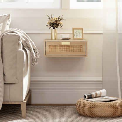 Floating Bedside Tables Set of 2, Wall Mounted Bedside Cabinets with Rattan Drawer and Wood Effect, Oak