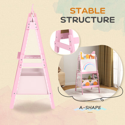 2 in 1 Kids Easel with Whiteboard, Chalkboard, Storage Boxes, for Ages 3-8 Years, Pink