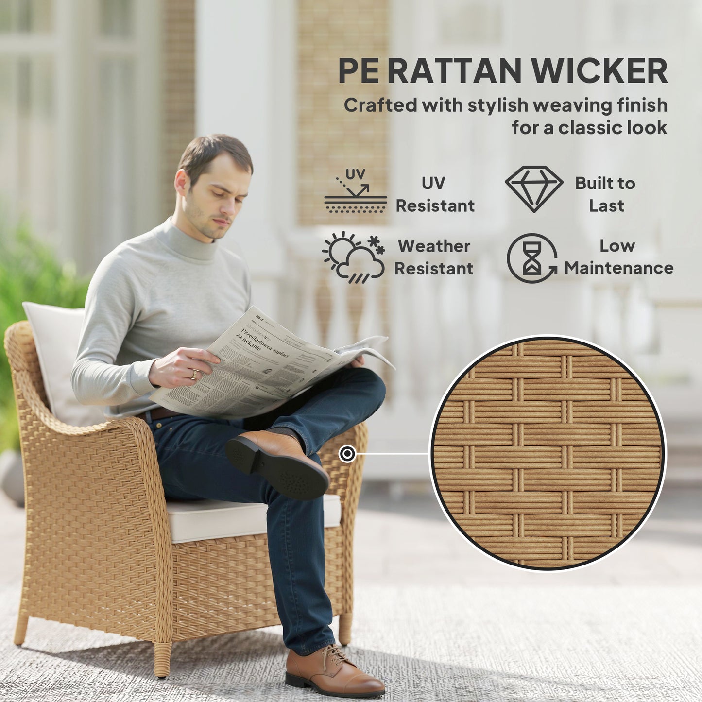 Rattan Garden Chairs Set of 2, Outdoor Rattan Chairs with Cushions, Armrests and High Back