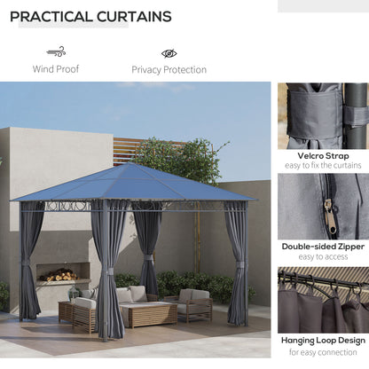 3 x 3(m) Hardtop Gazebo Canopy with Polycarbonate Roof, Permanent Pavilion Garden Gazebo with Curtains for Patio, Deck, Grey