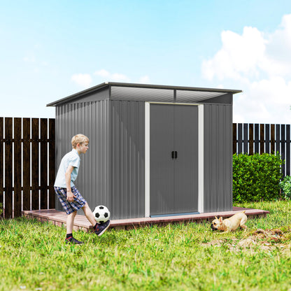 9ft x 6.5ft Garden Storage Shed with Top Window, Metal Outdoor Shed Tool House with Double Doors, Light Grey