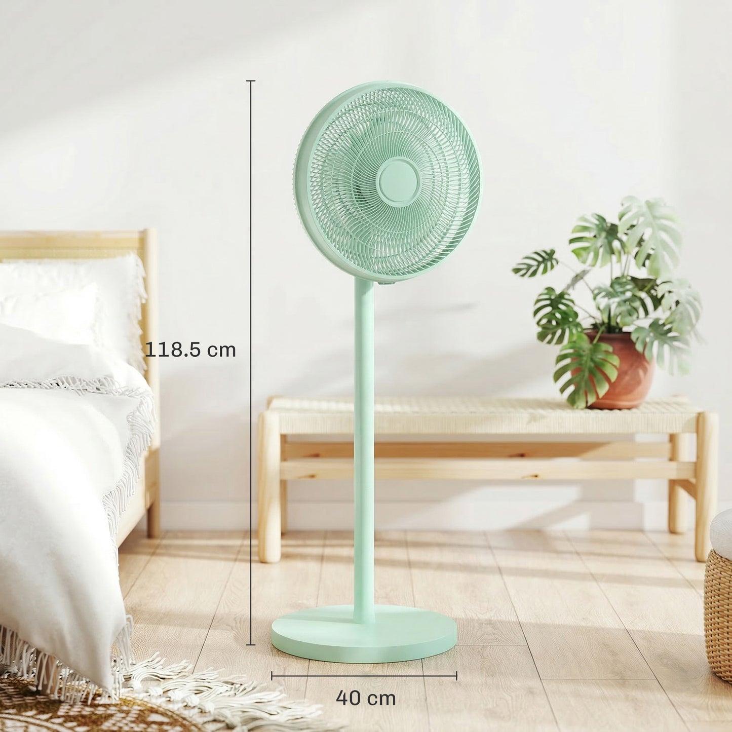 40 cm Standing Fan, Cooling Floor Fan with 80° Oscillating, Adjustable Tilt and Height, 4 Speed, Remote Control, Green