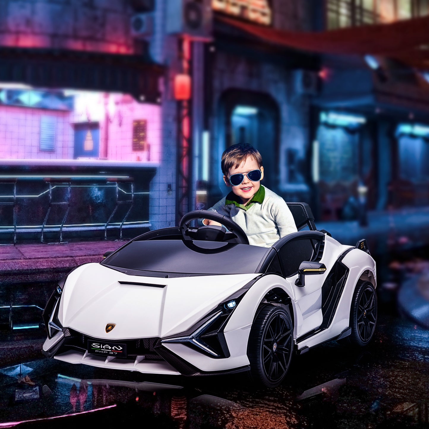 Lamborghini Sian Licensed Electric Car for Kids, 12V Kids Electric Ride on Car with Dual Motors, Remote Control, White