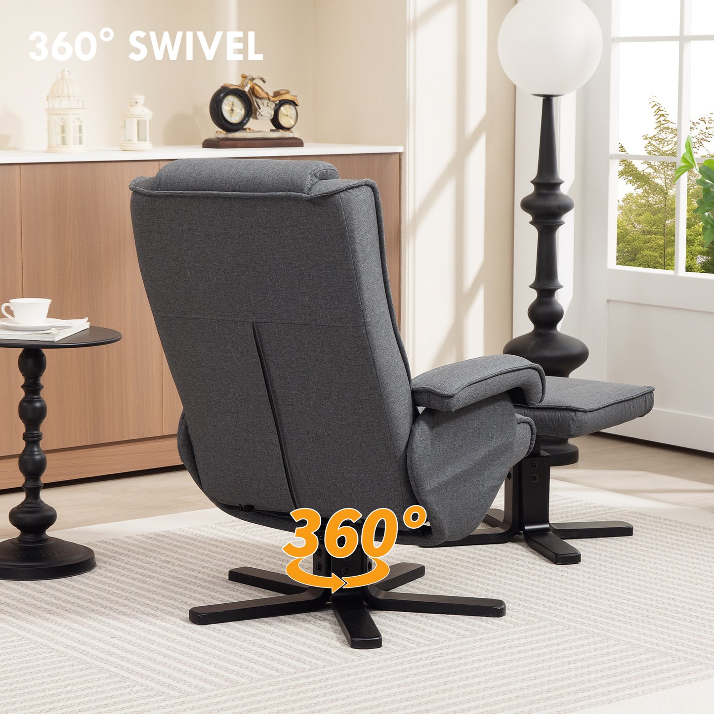 Swivel Recliner Chair with Footstool - Charcoal Grey Linen