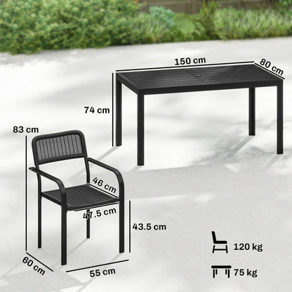 Garden Dining Set for 6, Faux Wood Metal Outdoor Table and Stackable Chairs with Plastic Rattan Effect Seat, Black