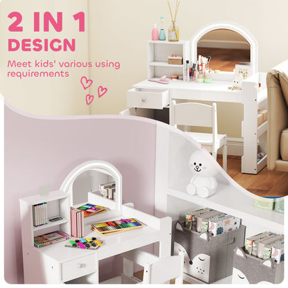 Kids Vanity Table and Chair Set, Girls Dressing Table with 2-Colour LED Mirror, Stool, Cabinet, Drawer, Shelves, White