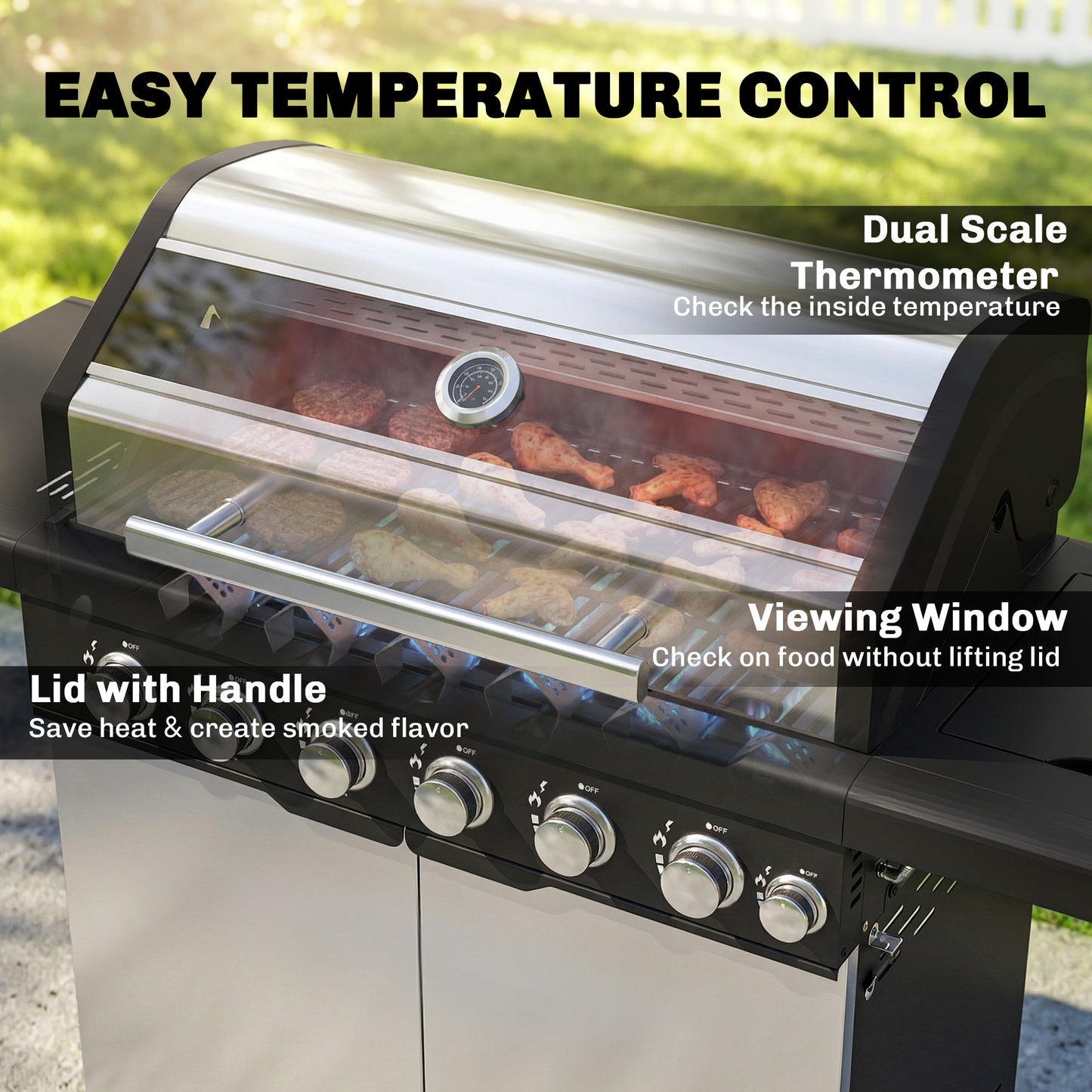 6+1 Burner Gas BBQ Grill, Outdoor Barbecue Trolley with Wheels, Warming Rack, Thermometer, Bottle Opener, Silver Tone