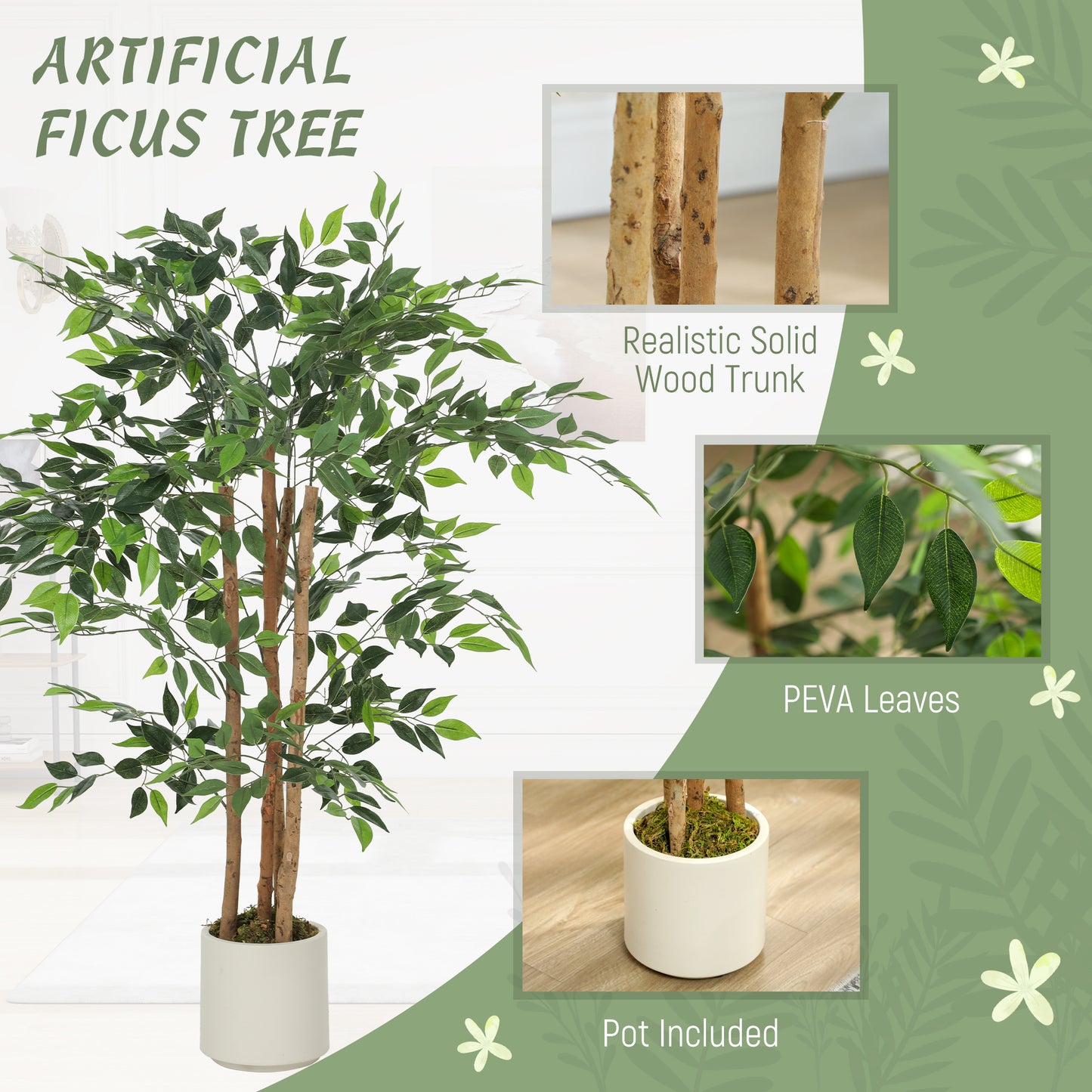 120cm Artificial Ficus Tree, Fake Potted Tree with Solid Wood Trunk and Pot for Indoor, Green
