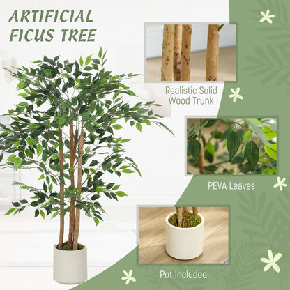 120cm Artificial Ficus Tree, Fake Potted Tree with Solid Wood Trunk and Pot for Indoor, Green
