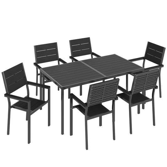 7 Pieces Outdoor Dining Set, Patio Table and Chairs for 6, Garden Dining Furniture Set with Slatted Tabletop