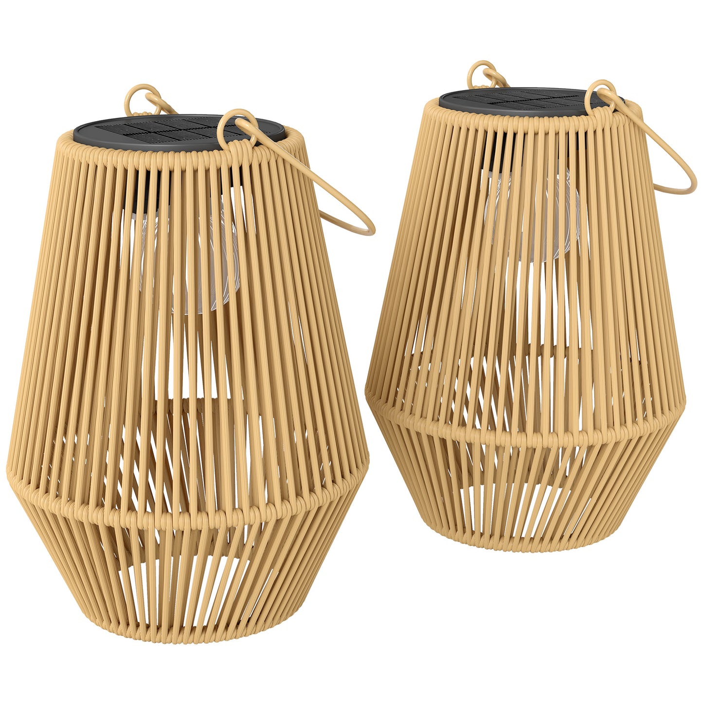 Hanging Solar Lanterns, 2 Pack Rattan Solar Lights with Handle for Patio, Pathway, Terrace, Auto On/Off, Brown
