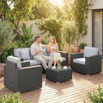 5 Seater Rattan Garden Furniture Set with Wide Armrests, Cushions, Pillows for Patio, Dark Grey