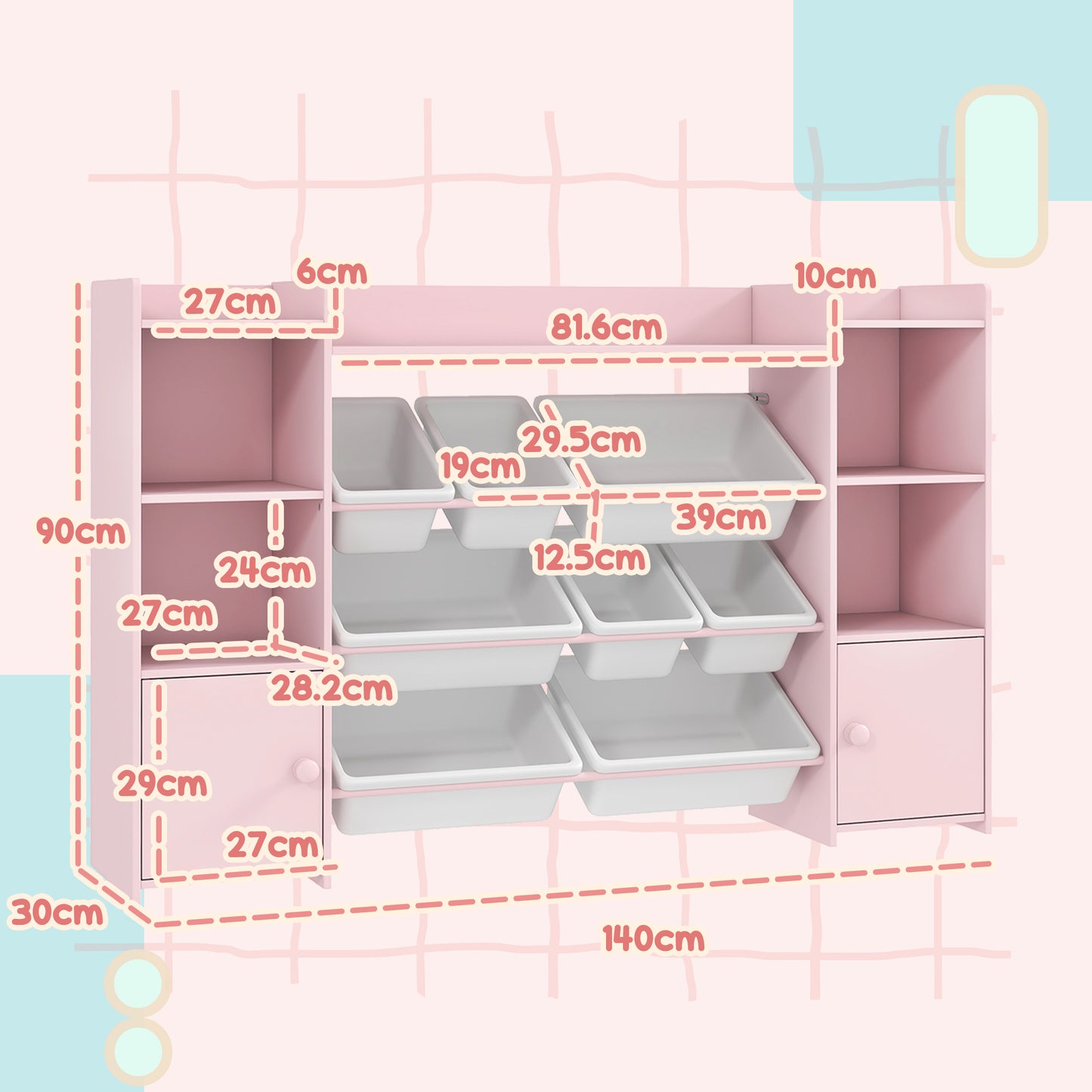 Kids Toy Organizers and Storage with 8 Removable Storage Bins and Bookshelf, Pink