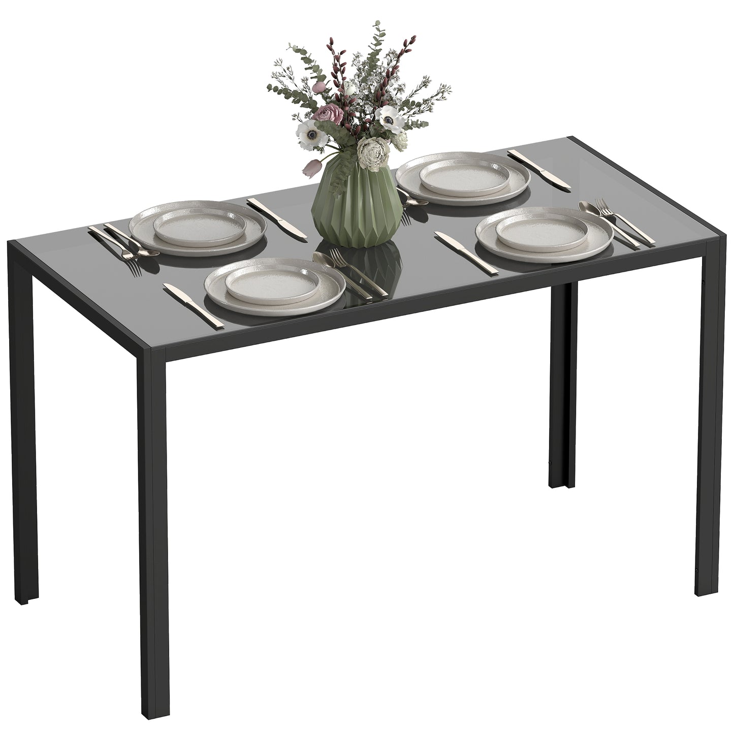120cm Dining Table, Rectangle 4 Seater Kitchen Table with Tempered Glass Top and Metal Legs for Dining Room