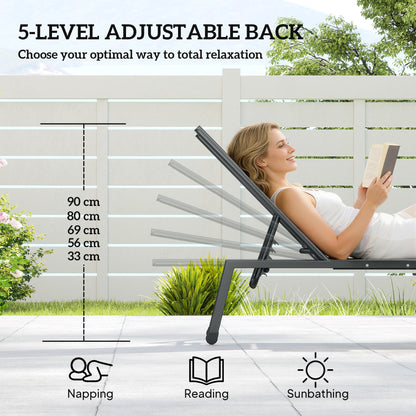 Sun Loungers Set of 2 with Side Tray Table, Garden Recliners with 5-Position Adjustable Backrest, 2 Wheels, Grey