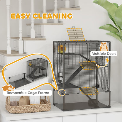 Four-Tier Hamster Cage with Deep Tempered Glass Bottom, Hut, Running Wheel, Food Dish, Water Bottle, 60 x 40 x 80cm