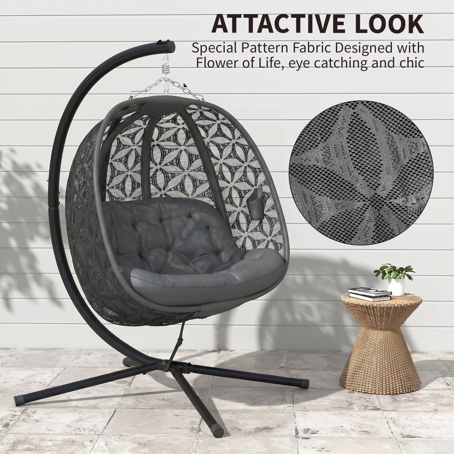 Outdoor Double Hanging Chair with Cushion and Cup Holders, Charcoal Grey