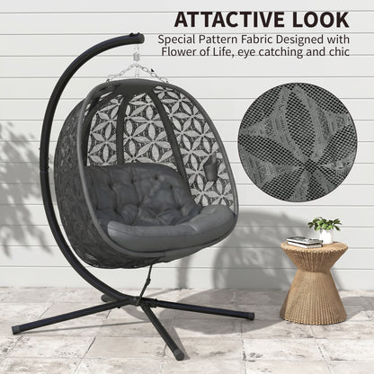 Outdoor Double Hanging Chair with Cushion and Cup Holders, Charcoal Grey