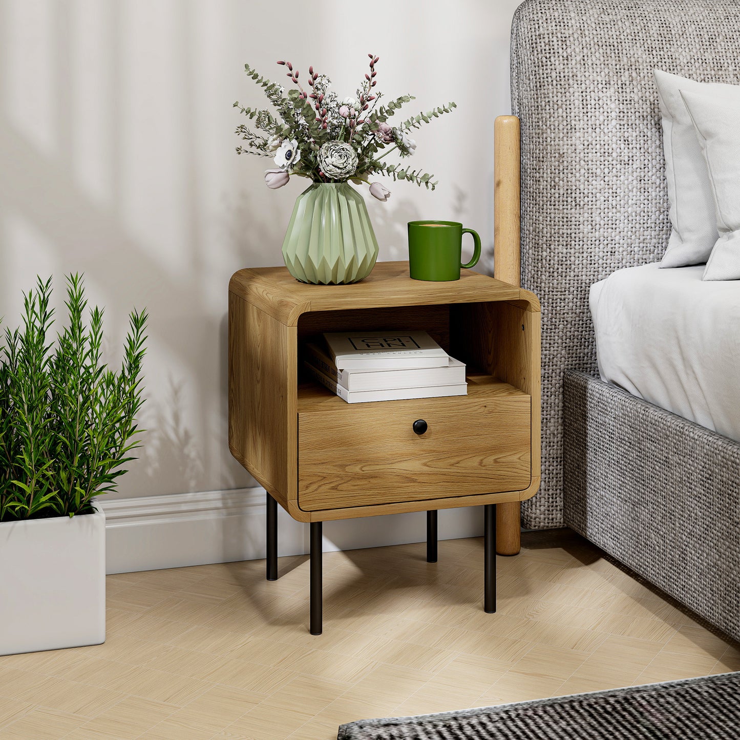 Bedside Table with Drawer and Open Shelf - Oak