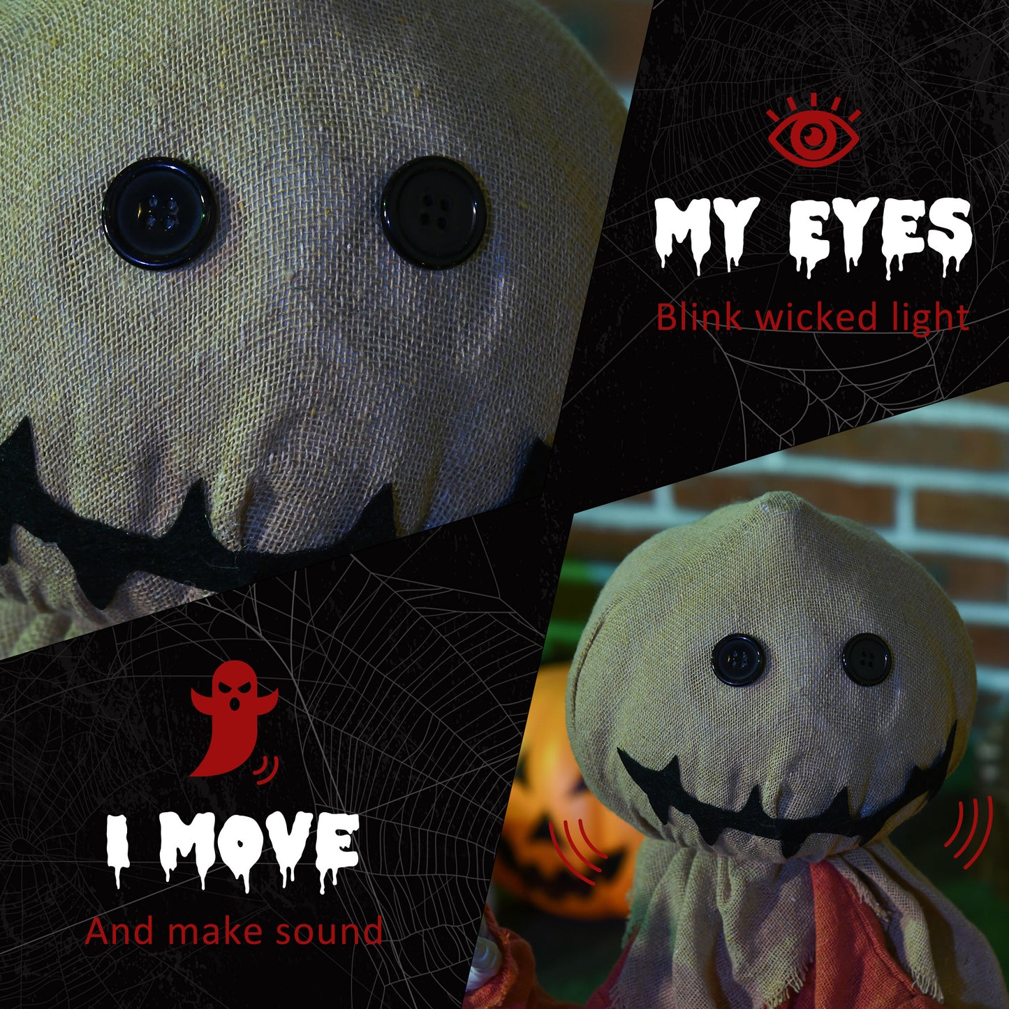 77cm Halloween Scarecrow Decoration, Outdoor Activated Prop with Light Up Eyes, Sound Activated
