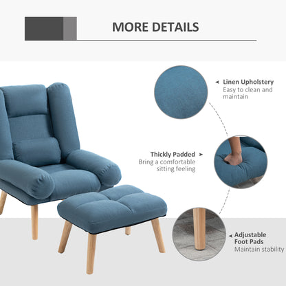 Recliner Chair with Footstool, Recliner Armchair with Adjustable Backrest, Thick Cushion and Wooden Legs, Blue