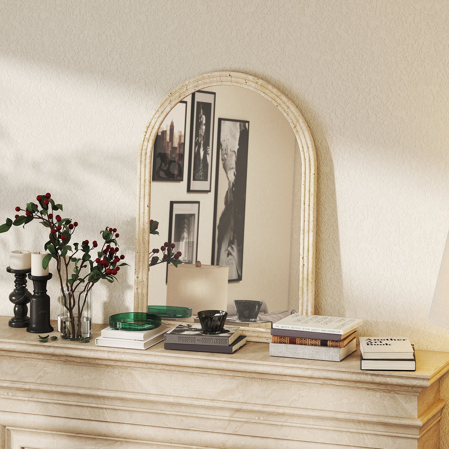 Arched Wall Mirror with Grooved Edge & Hooks, Wall-Mounted Mirror, Modern Tempered Glass & Polystyrene Beige