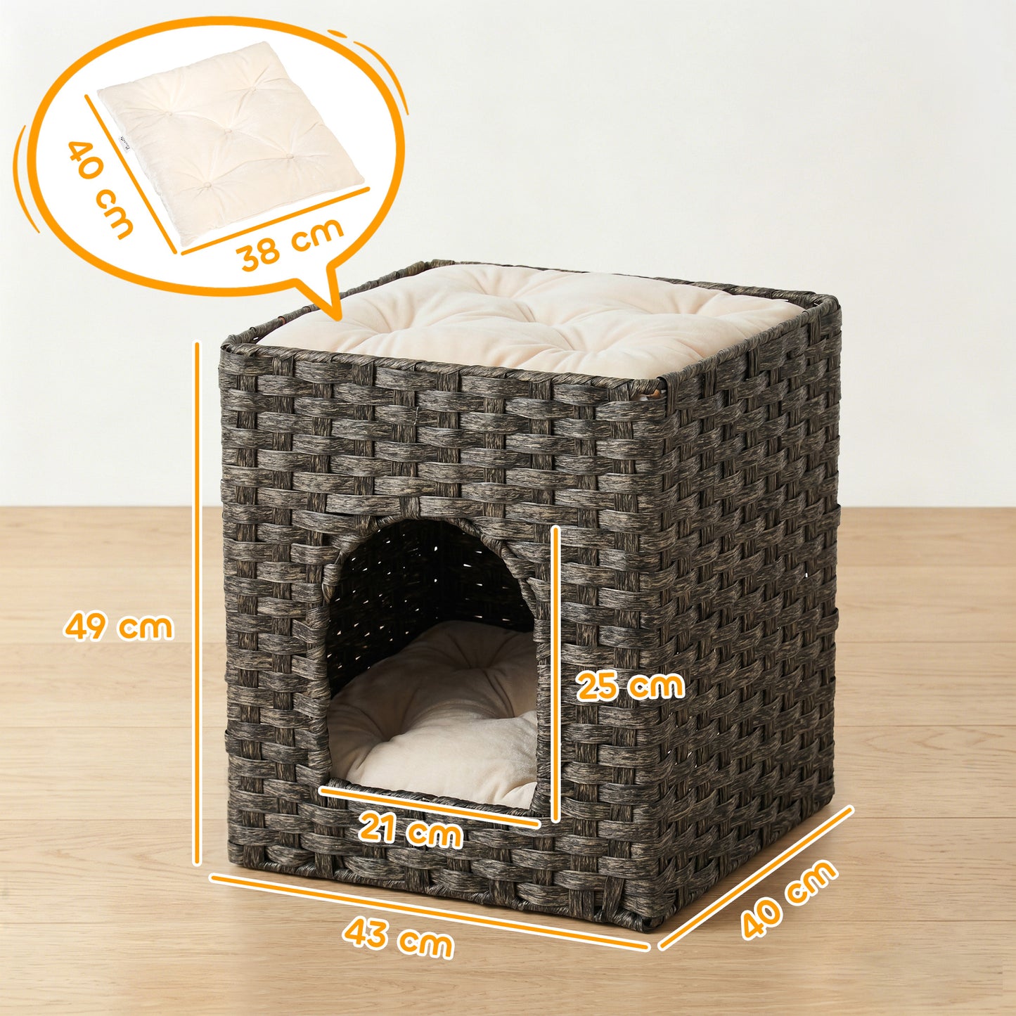 2-Tier Wicker Cat House, Handwoven Rattan Cat Bed with Washable Cushions, Indoor Kitten Condo Hideaway