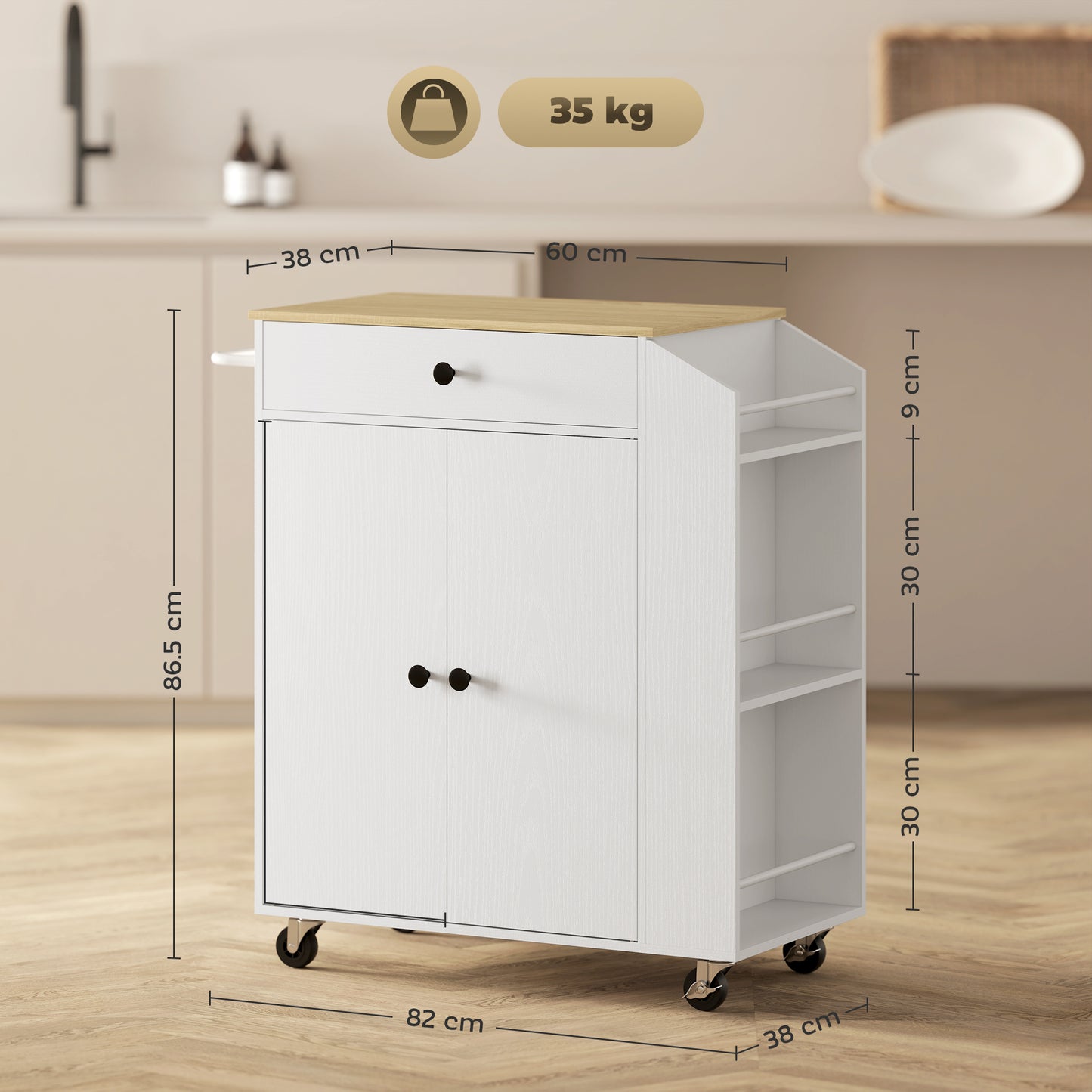 Rolling Kitchen Island with 3-Tier Spice Rack, Kitchen Storage Cart with Drawer and Towel Rack, White