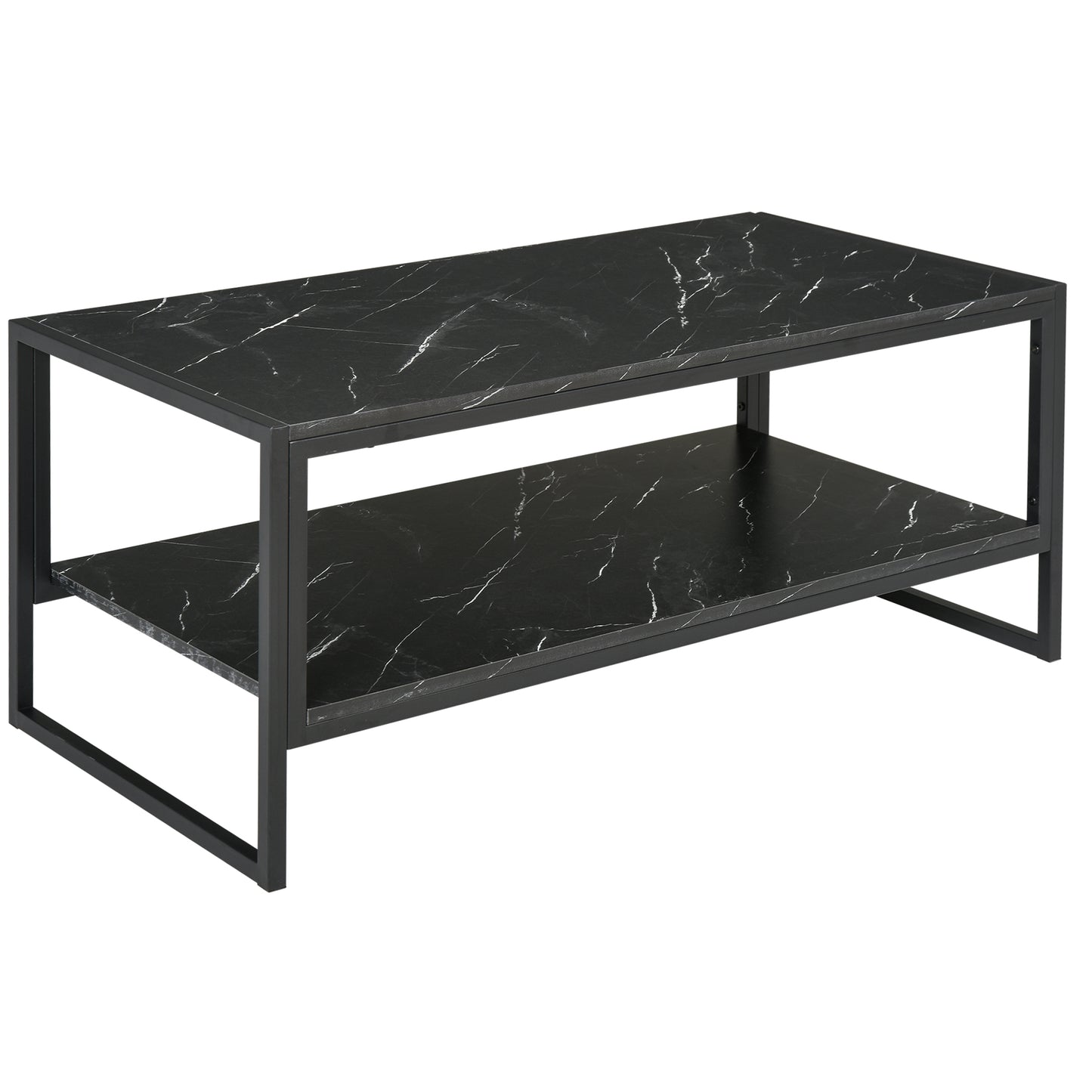 Coffee Table, Two-Tier Faux Marble Effect Centre Table with Metal Frame and Storage Shelf for Living Room, 106 x 50 x 45cm