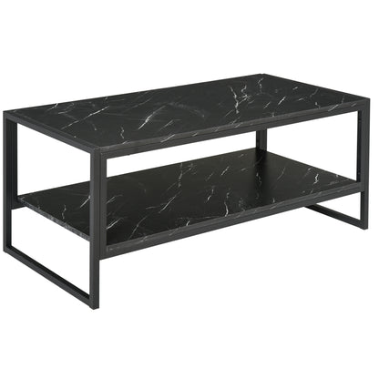 Coffee Table, Two-Tier Faux Marble Effect Centre Table with Metal Frame and Storage Shelf for Living Room, 106 x 50 x 45cm