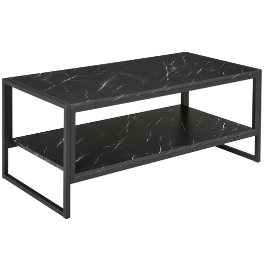 Coffee Table, Two-Tier Faux Marble Effect Centre Table with Metal Frame and Storage Shelf for Living Room, 106 x 50 x 45cm