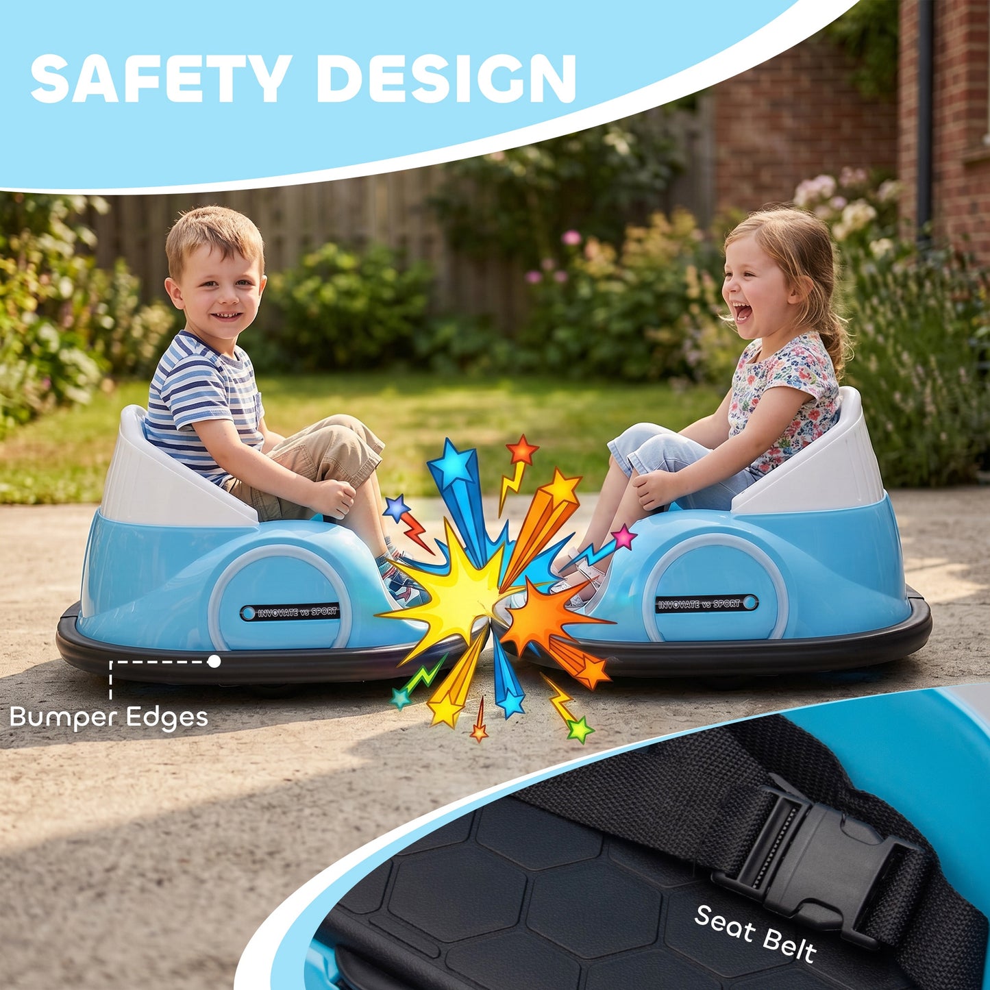 360° Rotation Kids Bumper Car, 12V Waltz Car with Remote Control, Dual Joystick, Music, Lights, Light Blue