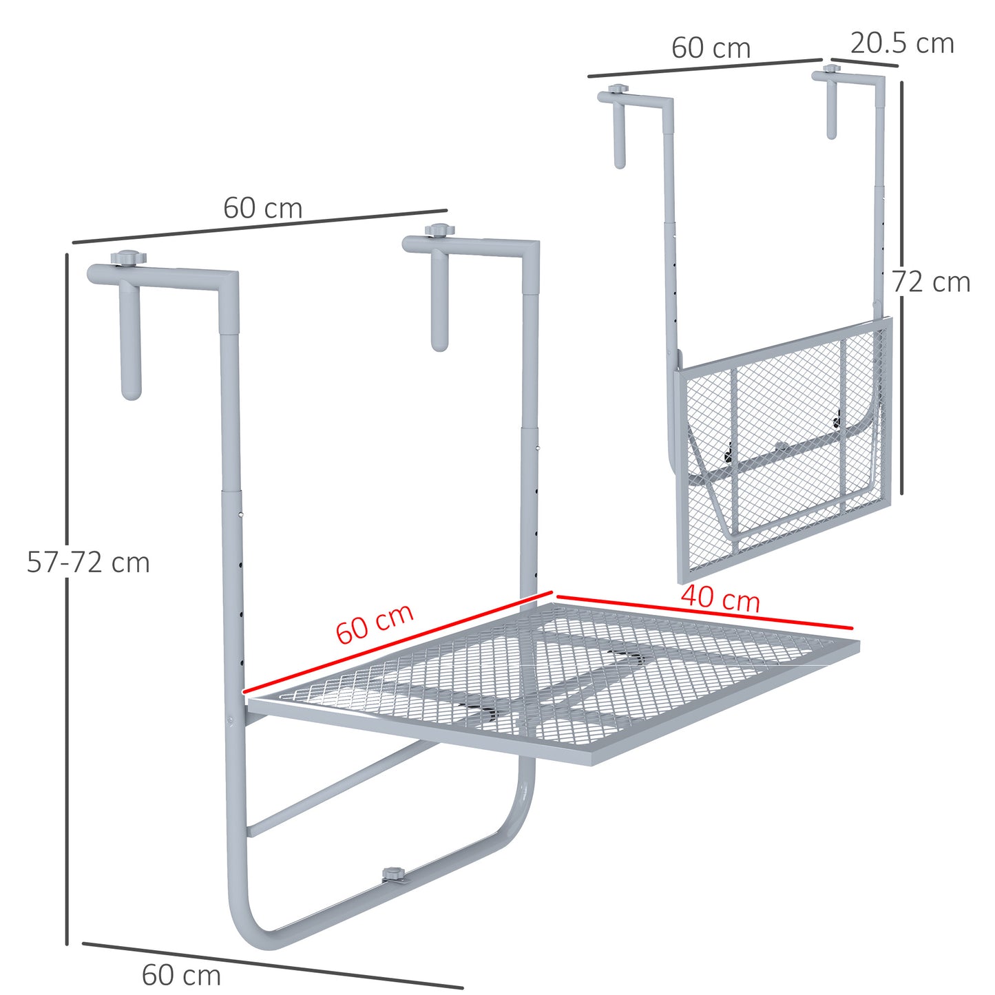 Balcony Hanging Table, Metal Wall Mount Desk, Adjustable Folding Balcony Deck Table for Patio and Garden, Grey