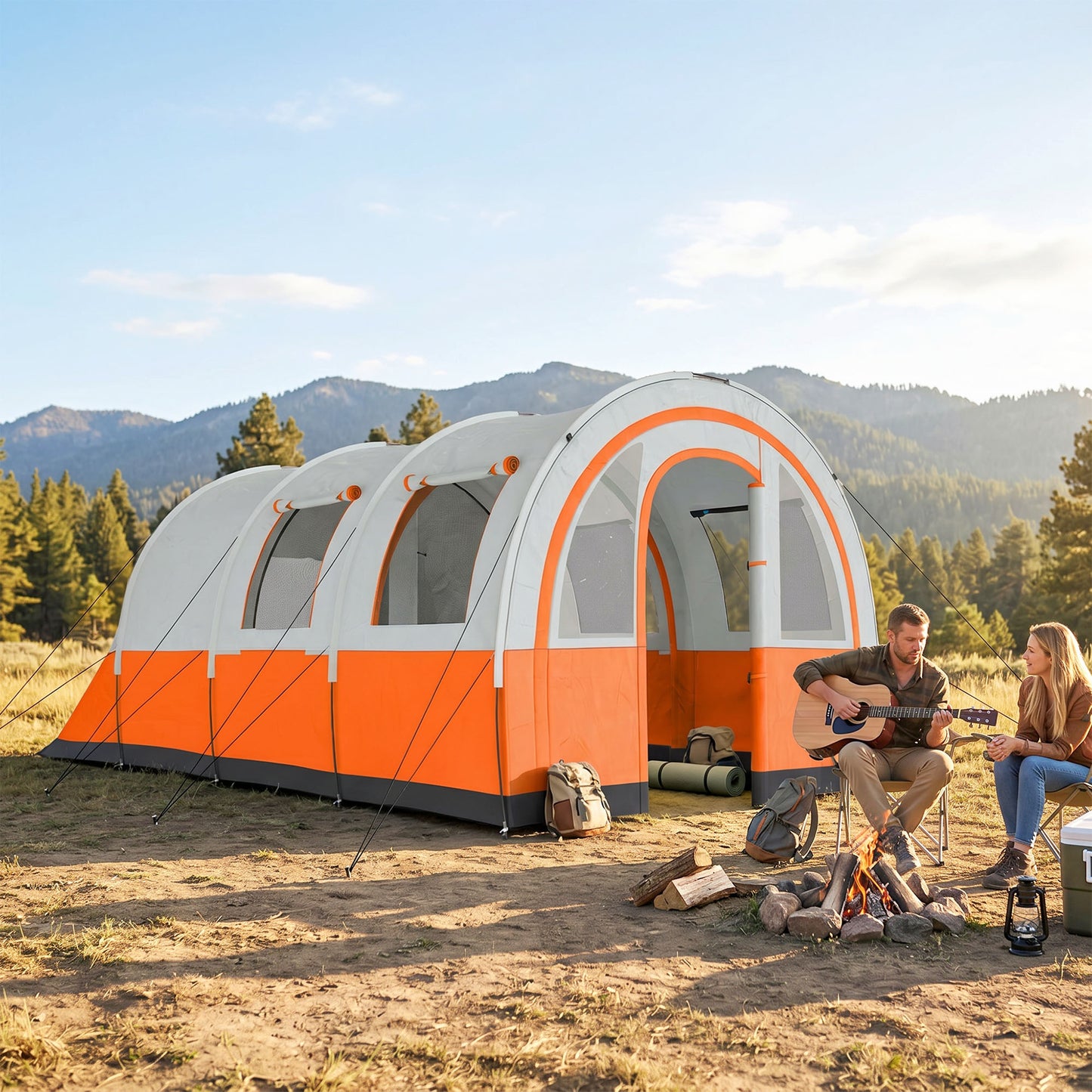 Three Man Duo Room Tunnel Tent, with Accessories - Cream/Orange