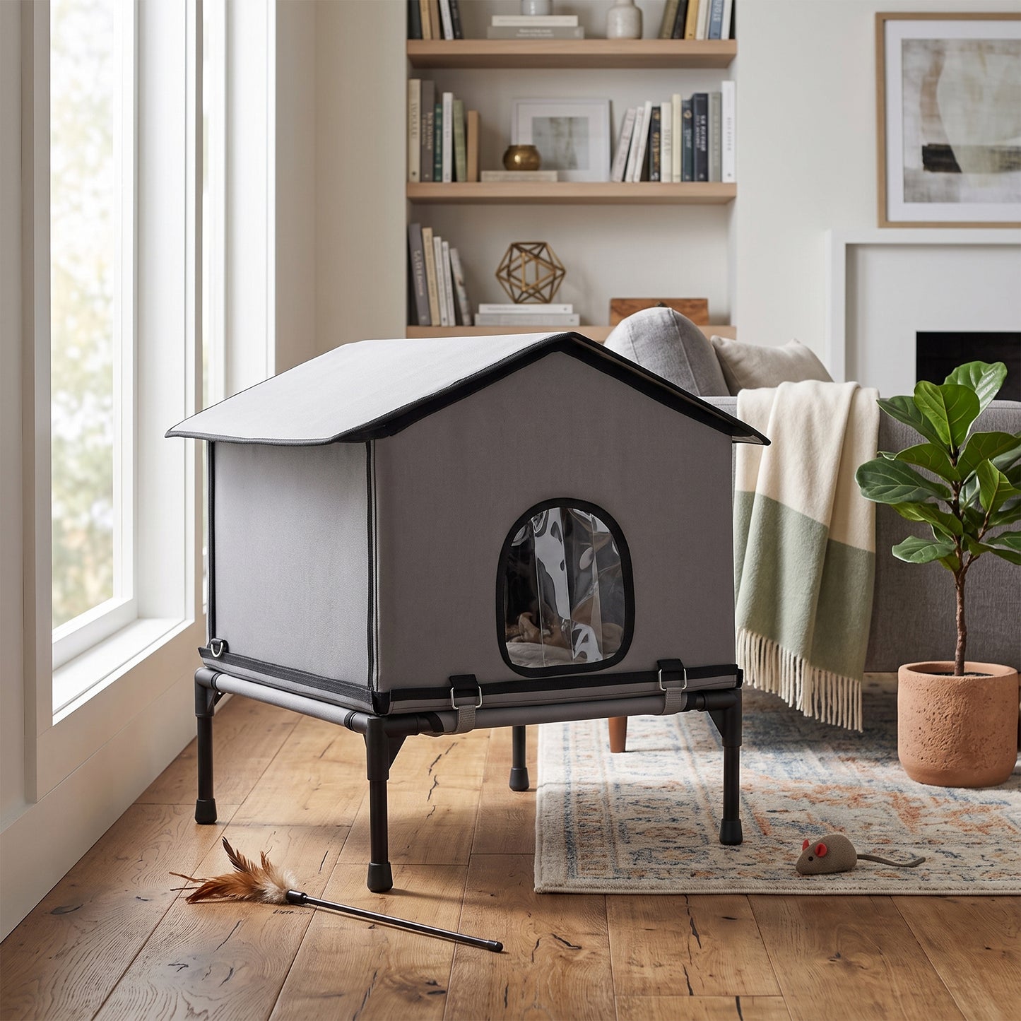 Outdoor Cat House, Waterproof Insulated Cat Kennel with Elevated Base, Foldable Feral Kitty Shelter for Kittens, Grey