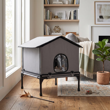 Outdoor Cat House, Waterproof Insulated Cat Kennel with Elevated Base, Foldable Feral Kitty Shelter for Kittens, Grey