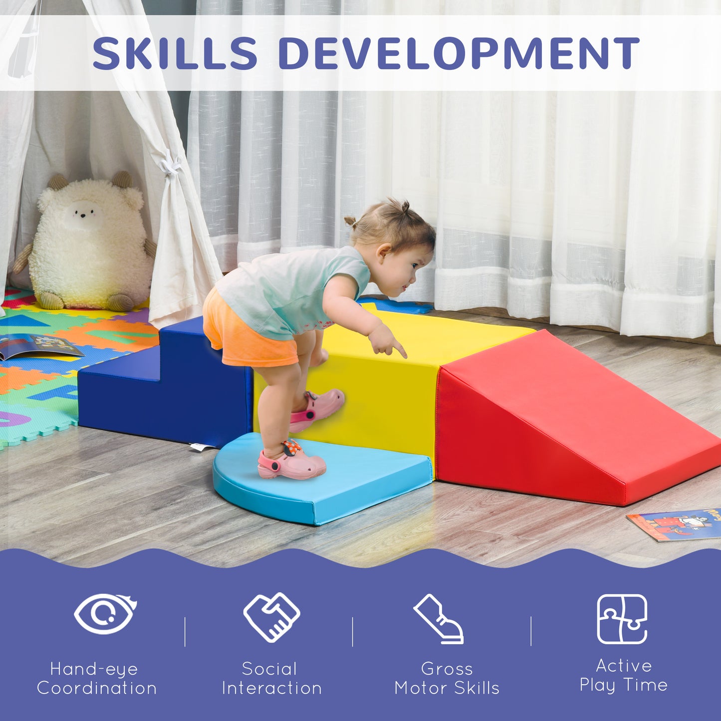 Soft Play 4-piece Climb and Crawl Foam Toddler Stairs and Ramp Colorful Children's Educational Software Activity Toys for Bab