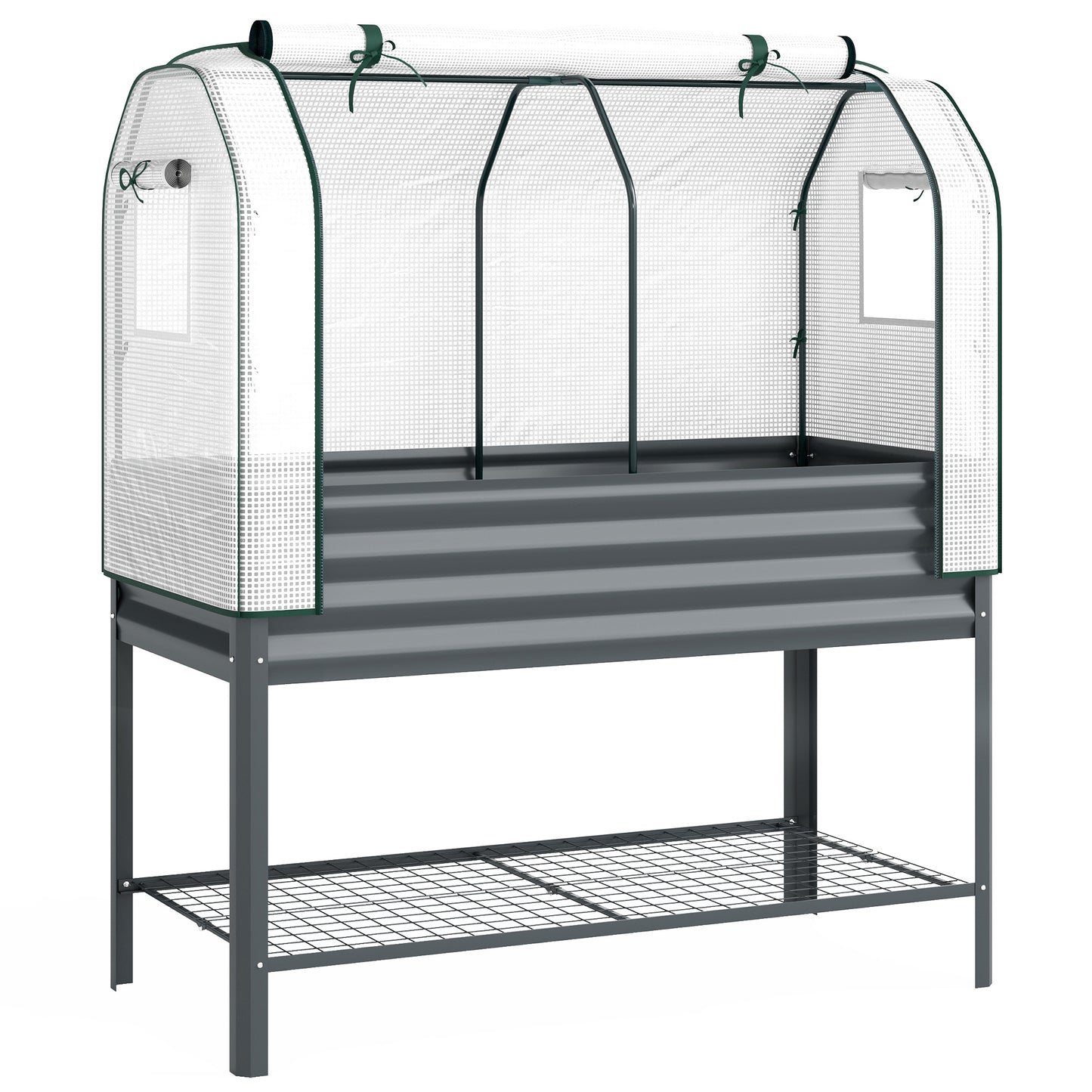 Galvanised Raised Planter with Greenhouse Cover, Metal Raised Garden Bed on Legs with Bed Liner and Bottom Shelf