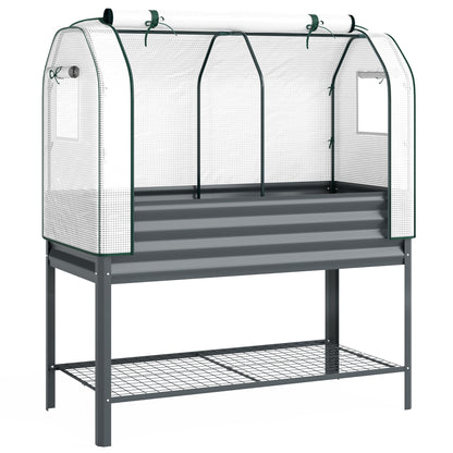 Galvanised Raised Planter with Greenhouse Cover, Metal Raised Garden Bed on Legs with Bed Liner and Bottom Shelf