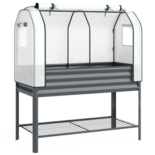 Galvanised Raised Planter with Greenhouse Cover, Metal Raised Garden Bed on Legs with Bed Liner and Bottom Shelf