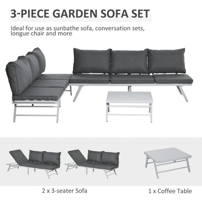 3 Pieces Garden Furniture Sets, 6 Seater Corner Sofa Set with Adjustable Backrest Chase Lounge with Slatted Metal Top Table