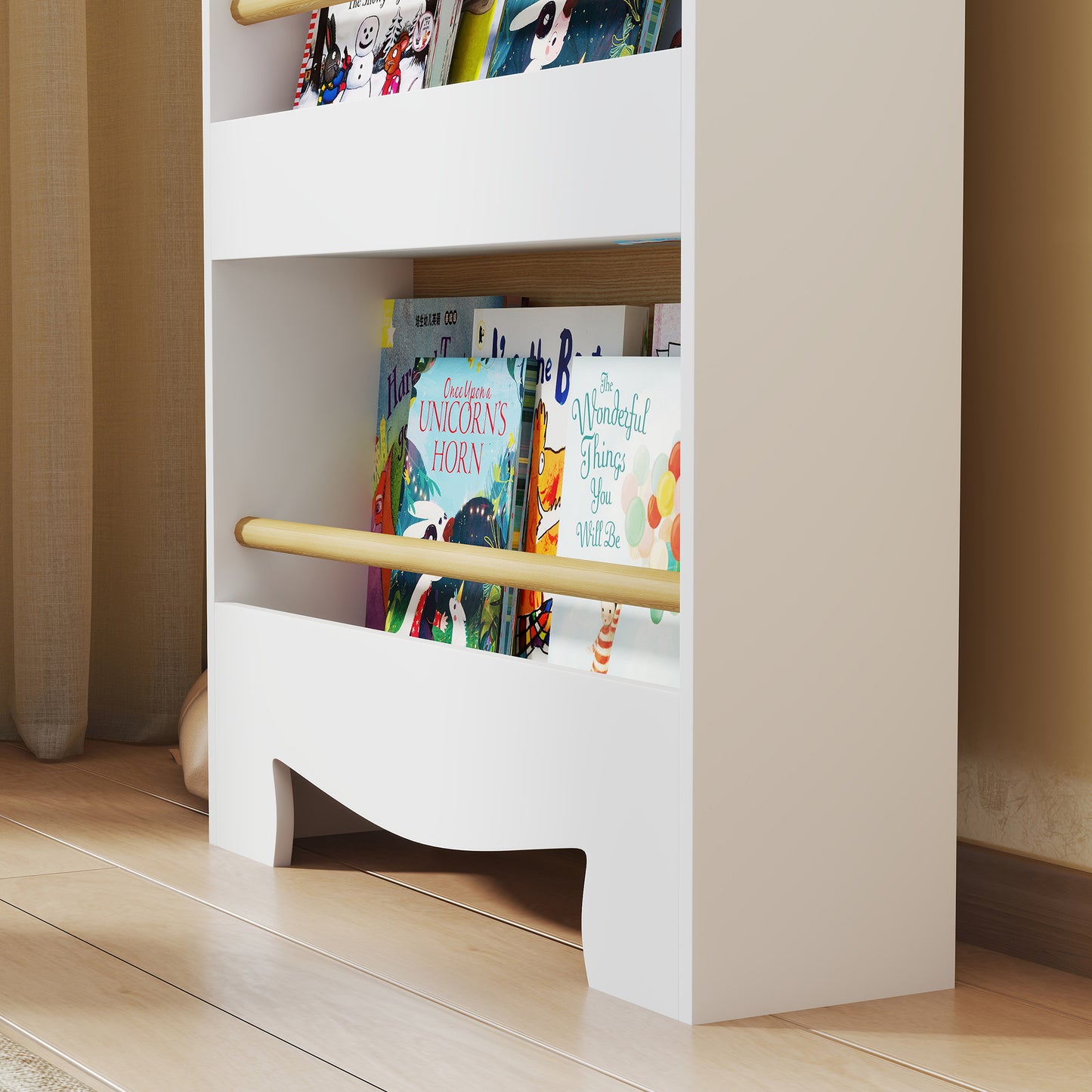 Kids Bookshelf, 3 Tier Children Bookcase, Bear Theme Toddler Space-Saving Bookcase for Living Room, White