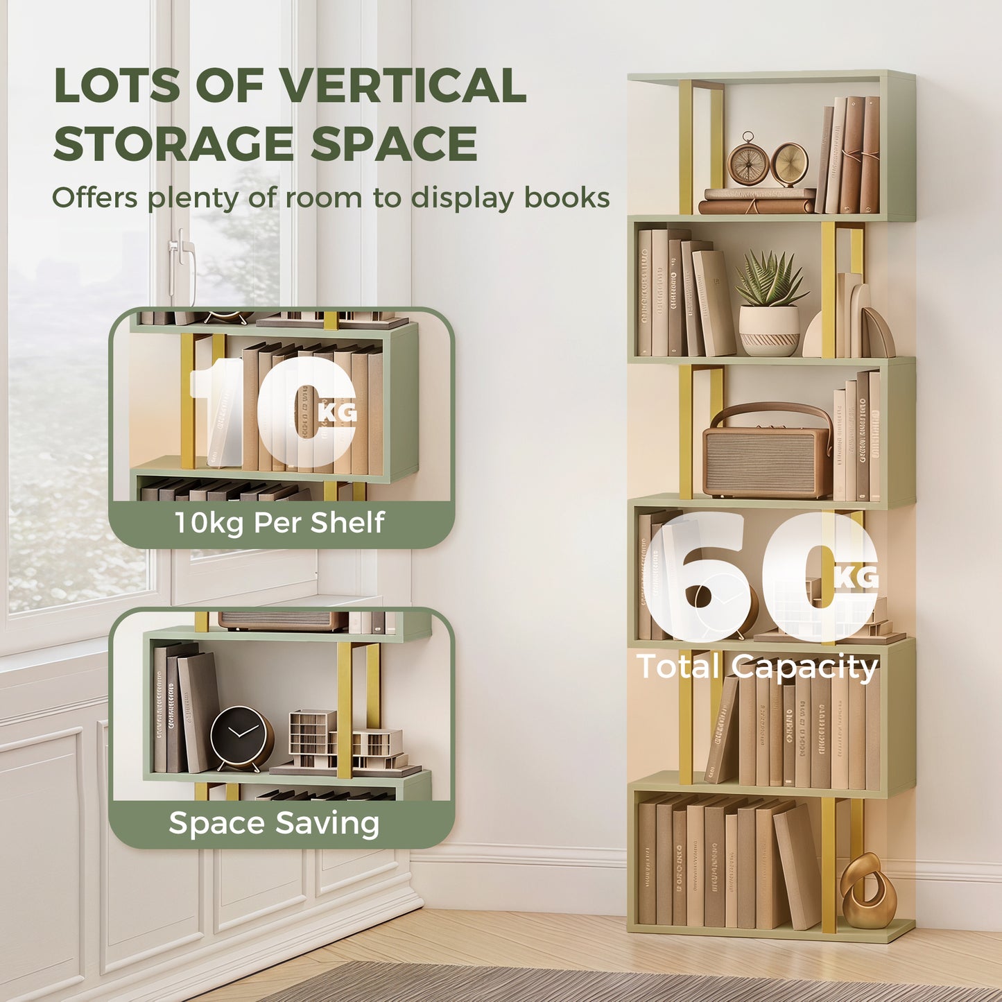 S-Shaped Bookshelf, 6-Tier Bookcase, Freestanding Storage Shelves with Anti-Tip Strap for Living Room, Light Green