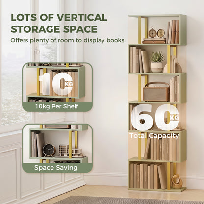 S-Shaped Bookshelf, 6-Tier Bookcase, Freestanding Storage Shelves with Anti-Tip Strap for Living Room, Light Green